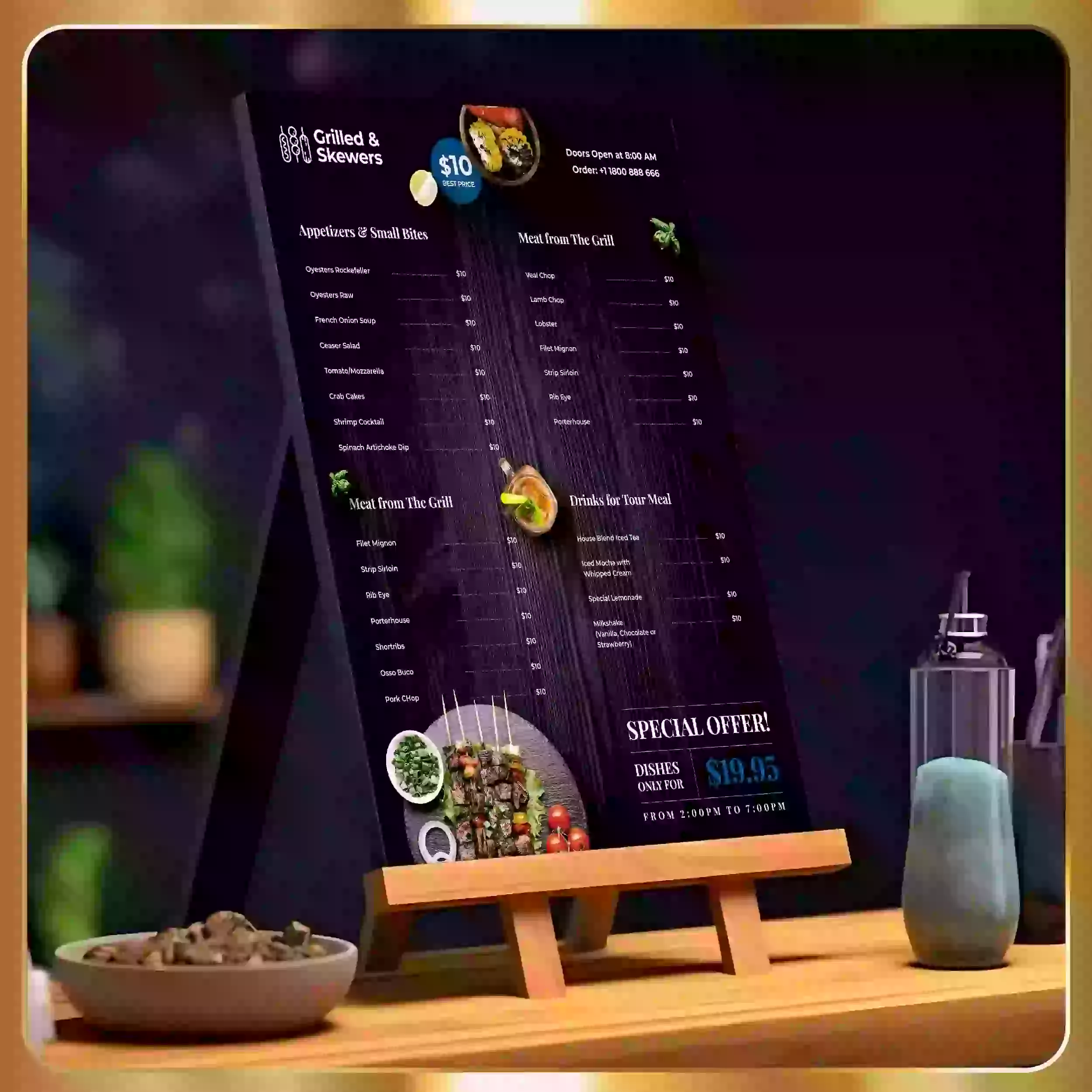 A coffee shop with a menu on the wall.